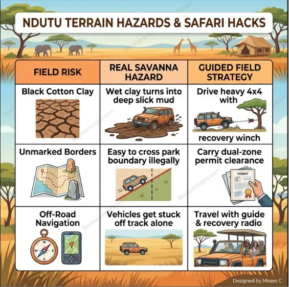 Infographic guide showing Ndutu terrain hazards, black cotton mud, and guided safari strategies.