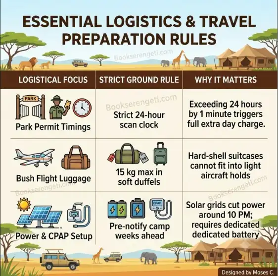 Infographic displaying essential logistics and travel preparation rules for a Serengeti safari.
