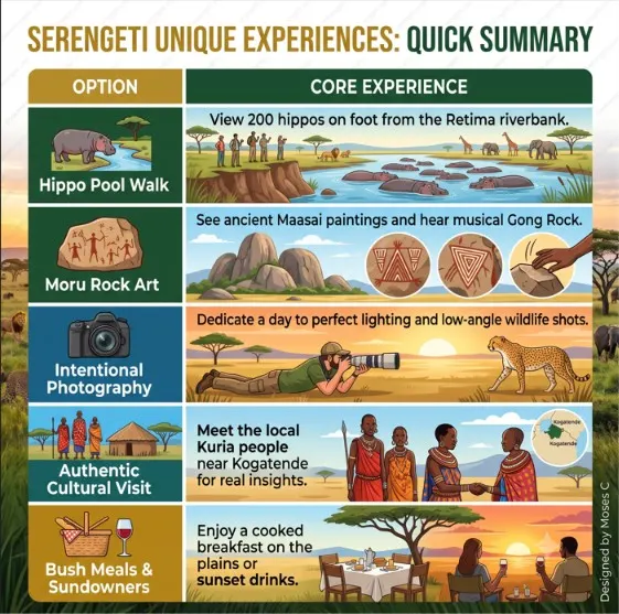 Two-column infographic chart summarizing unique hidden activities and experiences in the Serengeti.