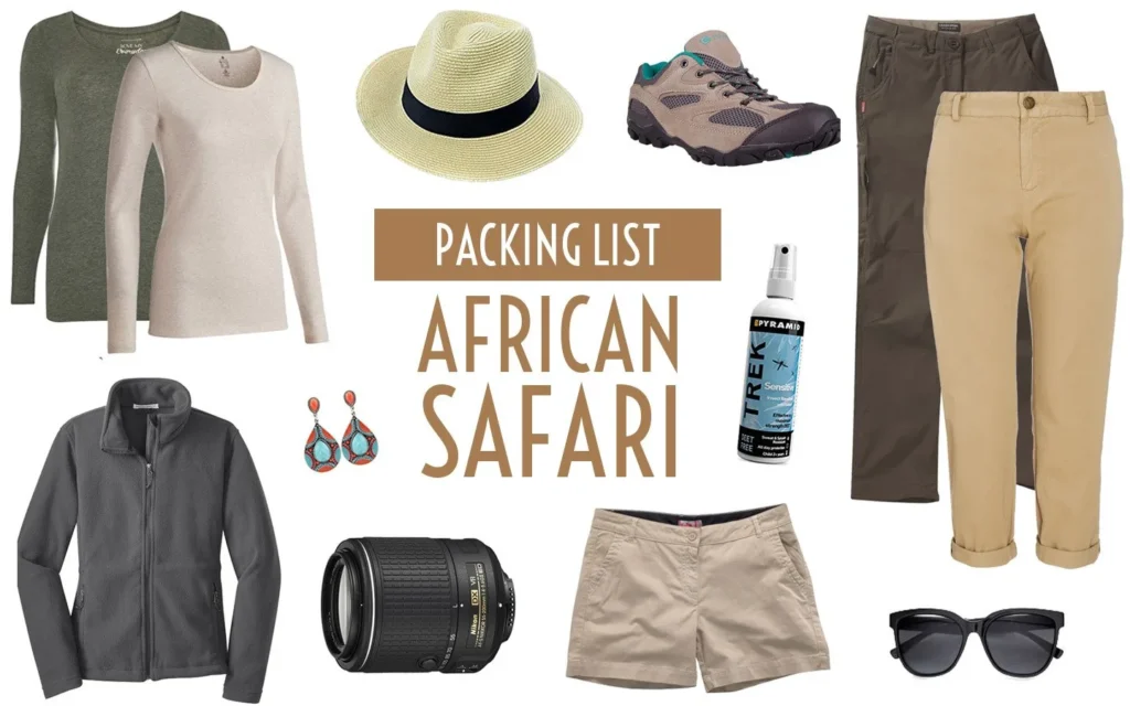 Flat lay of essential African safari clothing, boots, insect repellent, and camera gear.