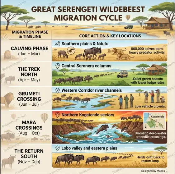 Infographic showing Serengeti wildebeest migration cycle phases, locations, and seasonal timelines.