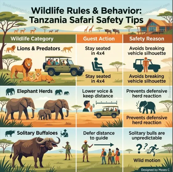 Infographic showing wildlife rules and guest actions for Tanzania safari safety tips.