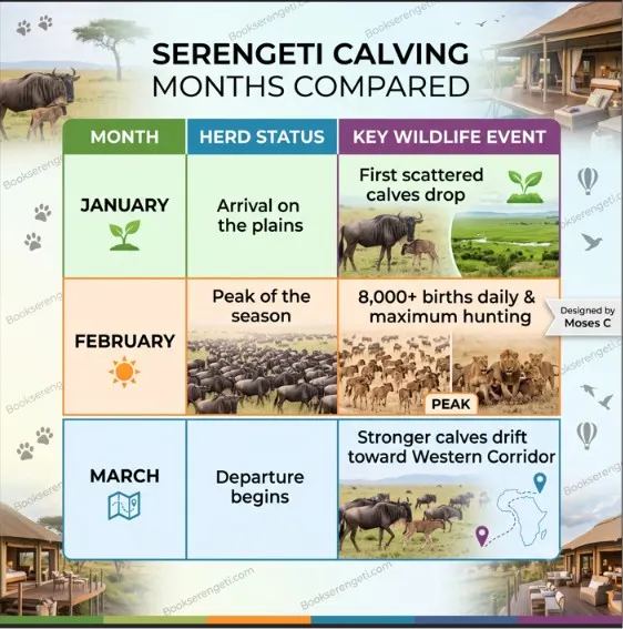 Infographic guide comparing the calving season months for an ndutu serengeti safari.