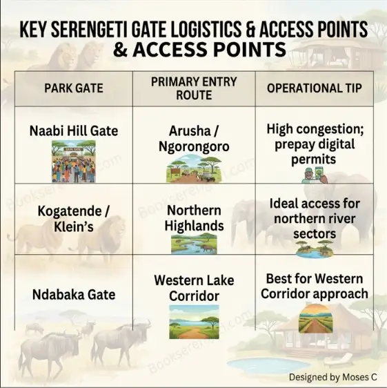 Infographic for Bookserengeti.com summarizing key Serengeti gate logistics and primary entry routes.