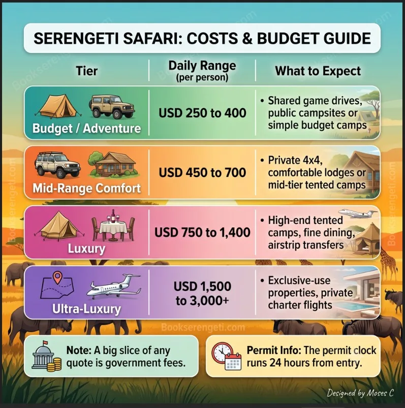 Serengeti safari booking infographic breaking down daily cost ranges and tier expectations.
