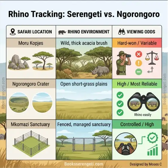 Infographic table comparing rhino tracking environments and viewing odds in Tanzania.