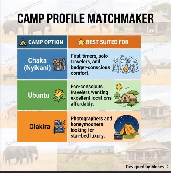 Infographic comparison chart matching travelers to the best migration camps Serengeti offers.
