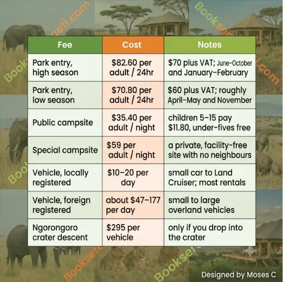 Infographic table showing serengeti national park fees and serengeti safari cost breakdown.