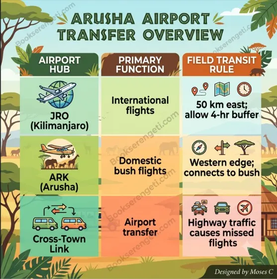 Infographic guide on how to get to Serengeti showing Arusha airport transfers and buffers.
