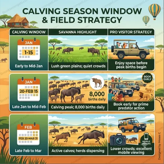 Infographic showing Ndutu calving season windows, savanna highlights, and visitor strategies.