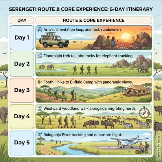 Illustrated chart detailing a 5-day Serengeti walking safari itinerary and daily experiences.
