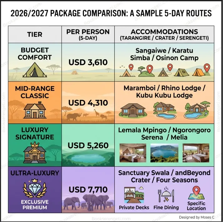 Serengeti safari booking infographic comparing 5-day package costs, tiers, and accommodations for 2026/2027.
