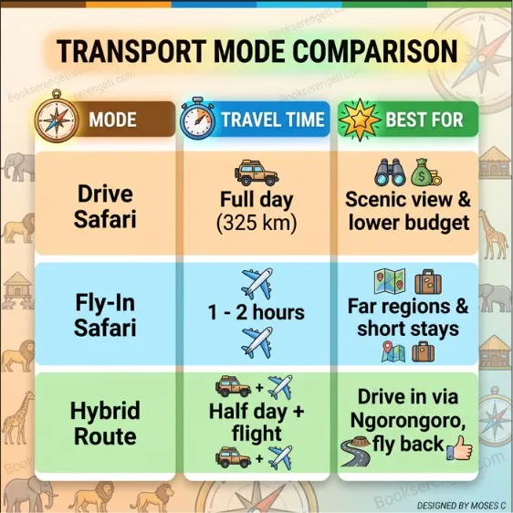 transport mode comparison infographic for Serengeti safari driving vs flying.
