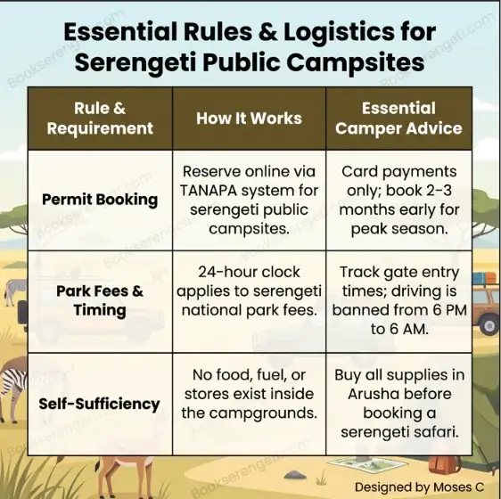 Infographic detailing permit rules, timing, and national park fees for serengeti public campsites.