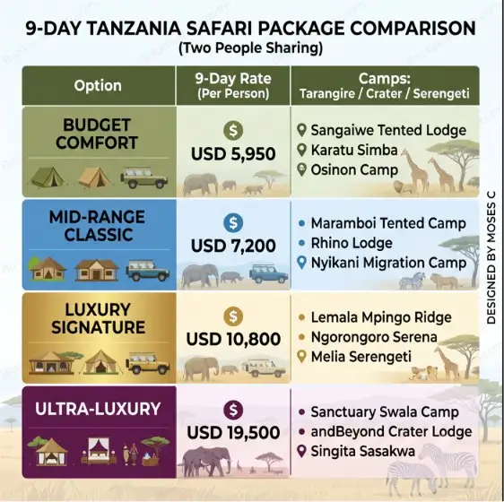 A visual comparison table of 9-day Tanzania safari rates and accommodation tiers.