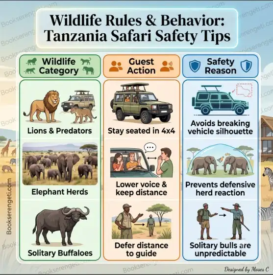 Infographic showing wildlife rules and behavior guidelines for Tanzania safari safety tips.