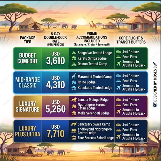Infographic chart comparing pricing and luxury tiers for a 5-day Serengeti safari package.