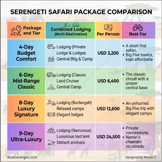 Infographic chart comparing price and lodging options for serengeti wildlife safari packages.