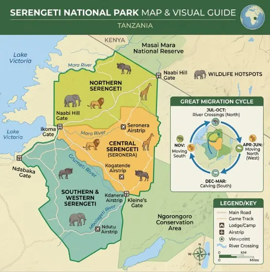 Square infographic map of Serengeti National Park showing regions, migration routes, gates, and airstrips.
