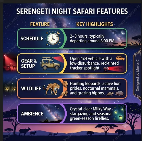Infographic chart explaining Serengeti night safari schedules, gear, nocturnal wildlife, and starry ambience.