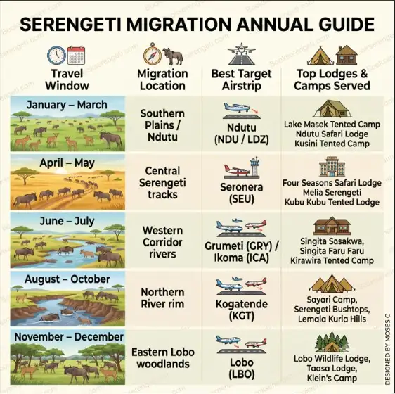 Annual Serengeti migration guide showing travel windows, locations, target airstrips, and top lodges.