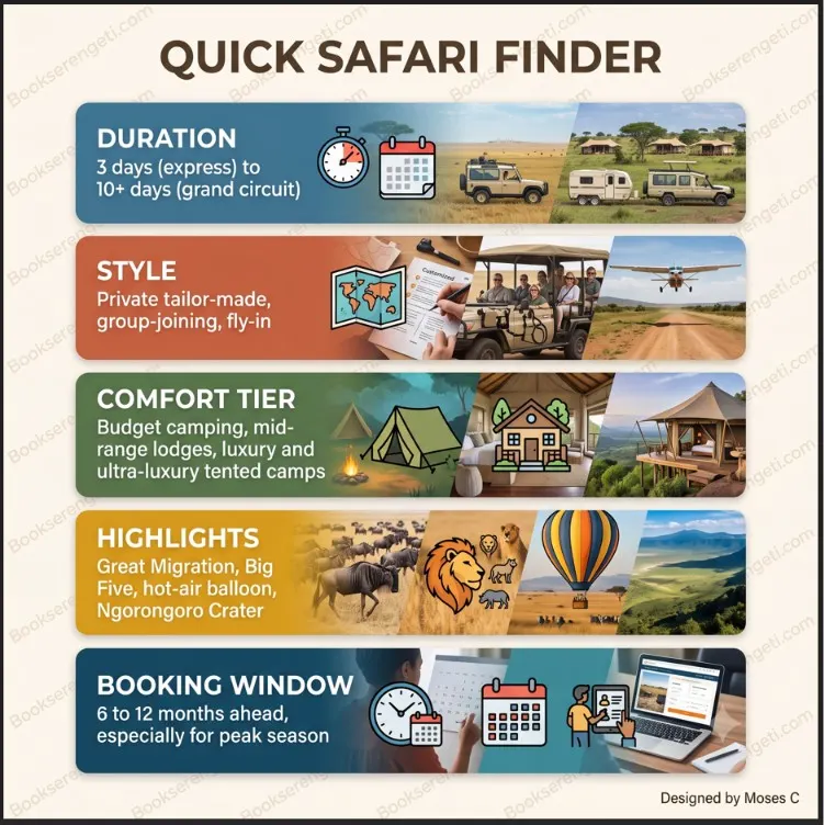 Quick safari finder guide for Serengeti safari booking showing duration, style, comfort, and highlights.