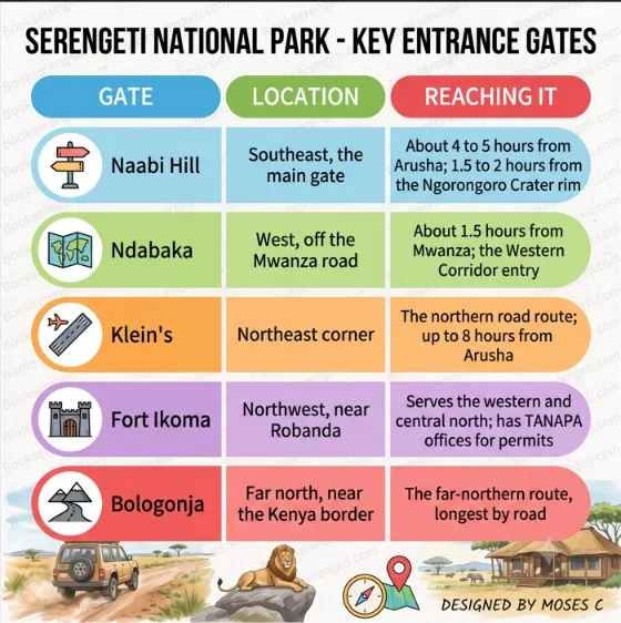 infographic table listing Serengeti National Park entry gates, locations, and driving transit details.