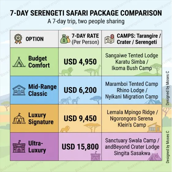 Table comparing 7-day Serengeti safari prices and accommodations across four distinct tier options.