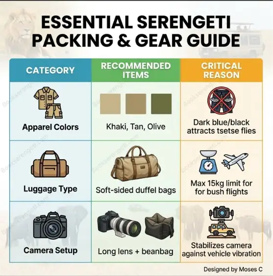 Infographic for Bookserengeti.com on essential Serengeti packing list and gear items.