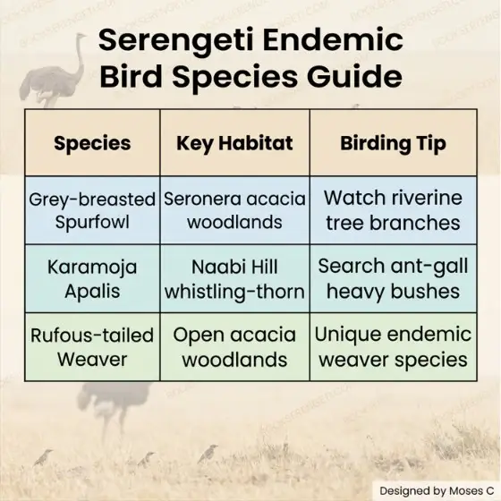 Infographic table of Serengeti endemic birds with species, habitat, and tips.