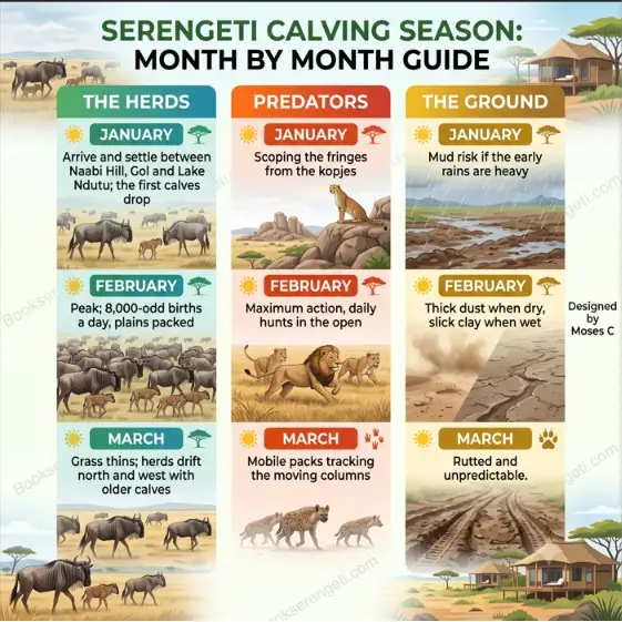 Infographic guide for the Serengeti calving season from January to March.