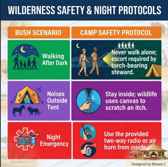 Infographic displaying wilderness safety and night protocols for the best migration camps Serengeti features.