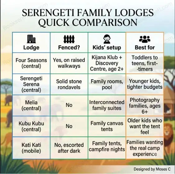 Comparison table of family lodges in the Serengeti detailing fencing, kids setups, and recommendations.