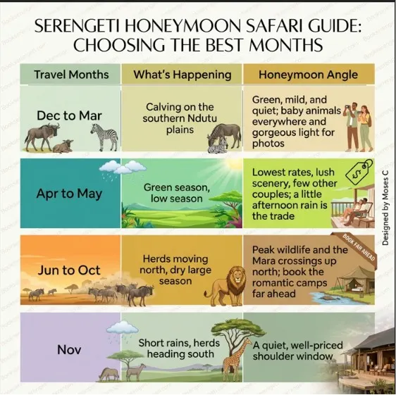 Infographic comparing seasonal wildlife activity and romantic highlights for Serengeti honeymoon safaris.