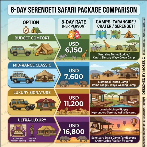 Infographic comparing four 8-day Serengeti safari tiers with updated rates and camps.