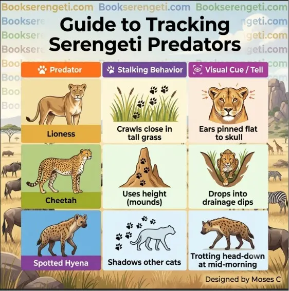 Infographic guide showing Serengeti predator stalking behavior and visual tracking cues.