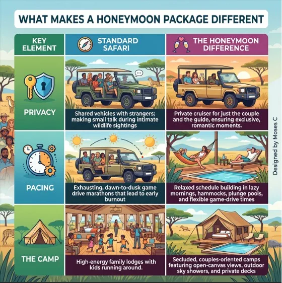 Infographic comparing privacy, pacing, and camp experiences for standard versus honeymoon safaris.