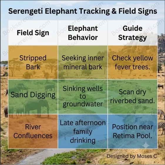 Infographic table showing Serengeti elephant tracking field signs, behaviors, and guide strategies.