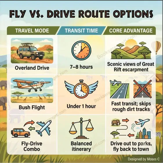 Infographic showing how to get to Serengeti by comparing overland driving and flight options.