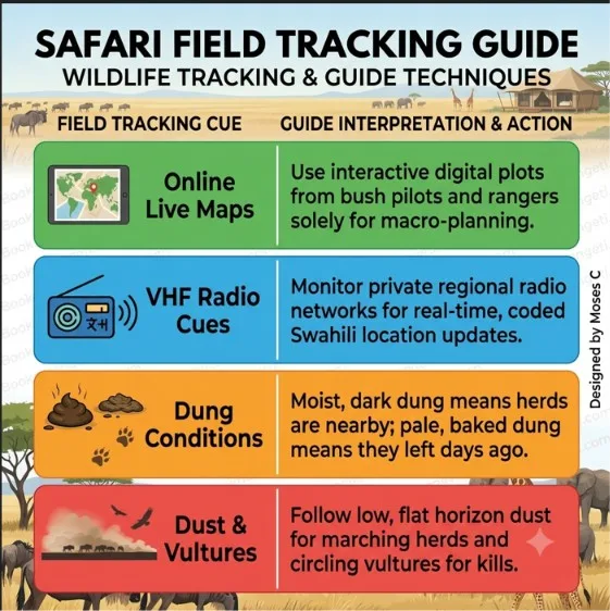 Safari field tracking guide infographic showing wildlife tracking techniques like live maps, radio cues, dung conditions, and dust patterns.