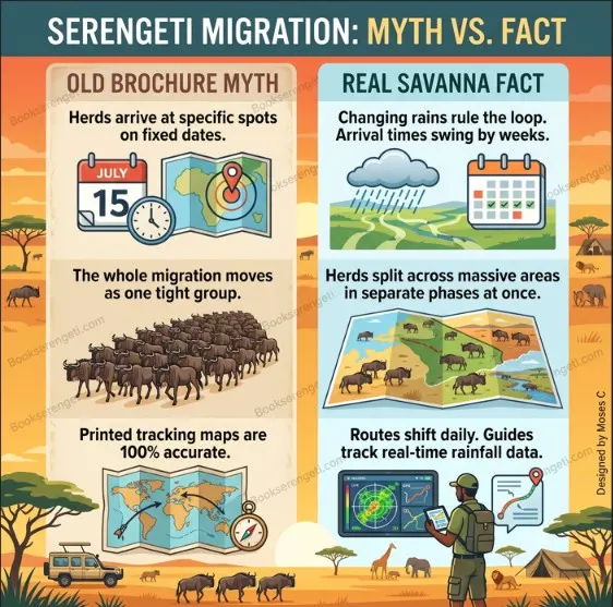 Infographic comparing common Serengeti migration myths against real safari facts and herd movements.