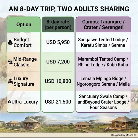 8-day Serengeti family safari pricing table comparing lodge tiers and costs per person.