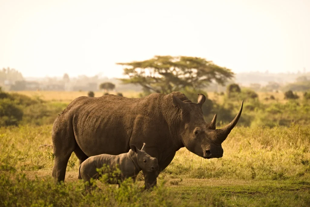A mother rhinoceros and her calf on a serengeti black rhino safari.