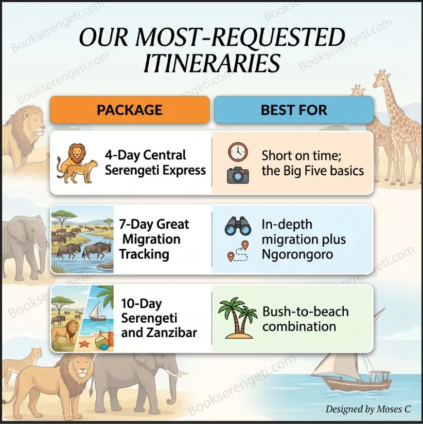 Infographic comparing three common Serengeti Safari Booking itineraries with 'Best For' advice for each.