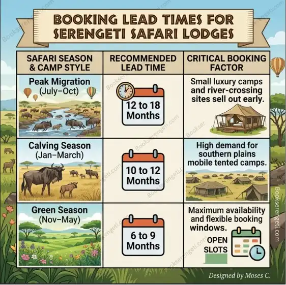 Infographic displaying recommended booking lead times for different Serengeti safari seasons.