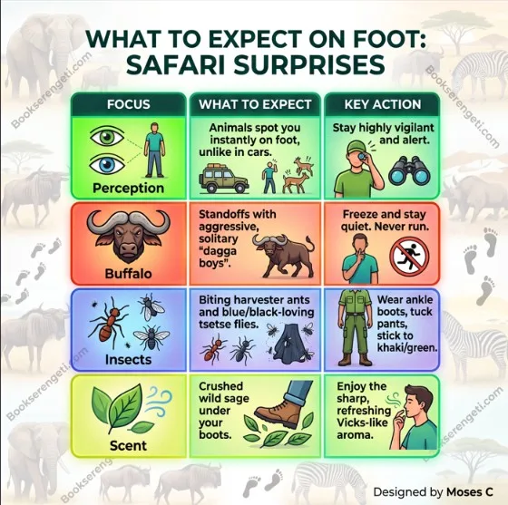 Infographic detailing walking safari expectations and actions for Serengeti Migration Safari Packages.