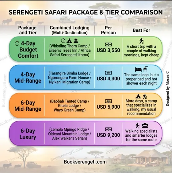 Infographic chart comparing Serengeti Safari Package tiers, prices, lodging, and best uses.