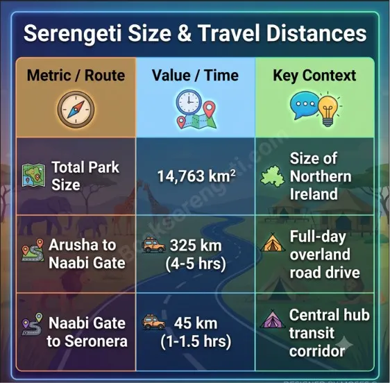 infographic chart displaying Serengeti National Park size and drive distances from Arusha to Naabi Gate and Seronera.